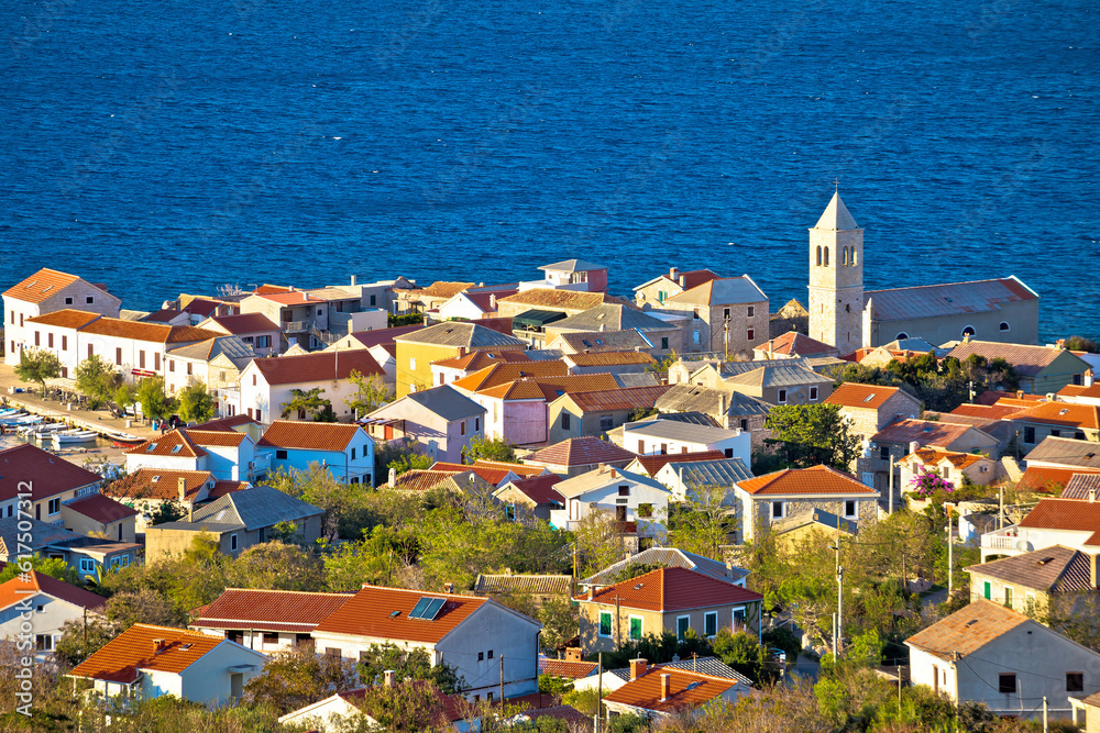 Green nature and blue sea, view of Town of Vinjerac watefront view, Dalmatia, Croatia