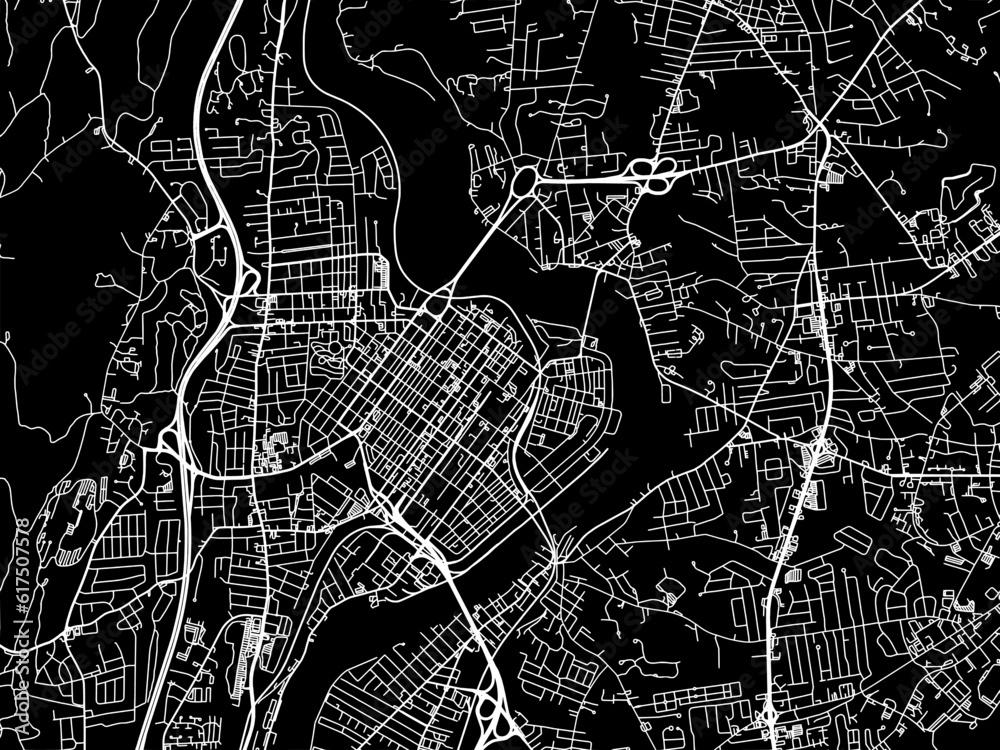 Vector road map of the city of  Holyoke Massachusetts in the United States of America with white roads on a black background.