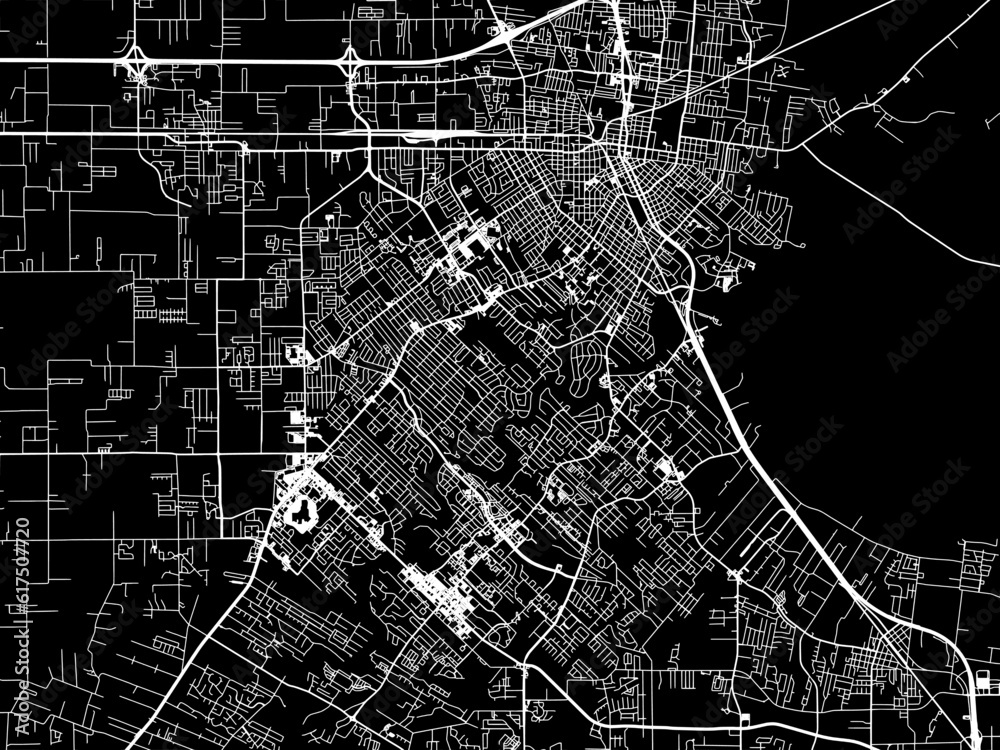 Vector road map of the city of  Lafayette Louisiana in the United States of America with white roads on a black background.