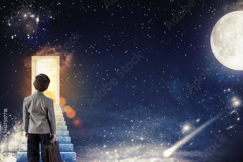 Boy climbs the stairs to a door with sunlight on a starry sky with the moon and the stars