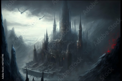 Fototapeta massive huge giant intricate dark fantasy castle view from space of an enormous