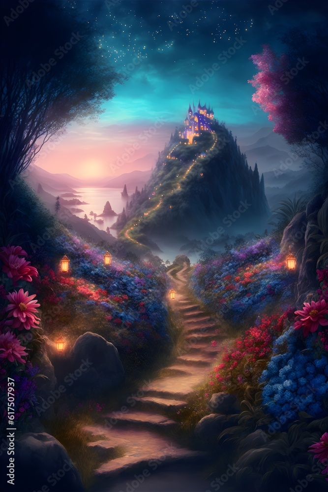 Fototapeta premium a landscape of the most magical fairy land filled with a garden of beautifl dahlias roses and delphiniums with a path leading up a hill to a magical fairy kingdom photo realistic dreamy mist photo 
