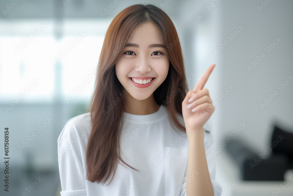 Asian girl confidently points towards empty space on blurred background, creating a captivating promotional advertising banner that draws attention and engages viewers. Generative AI.