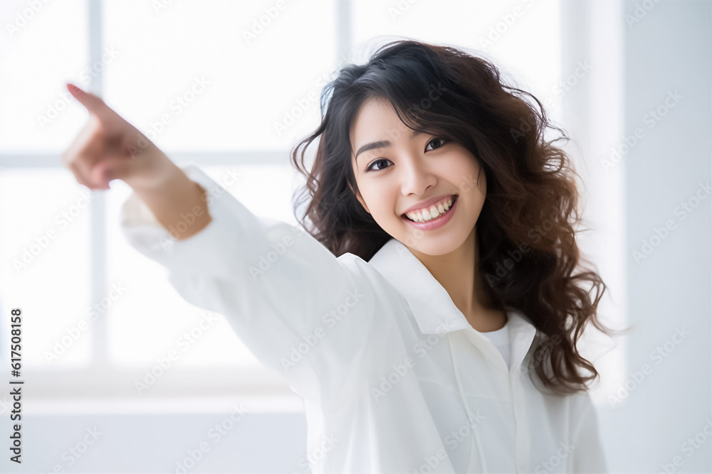 Asian girl confidently points towards empty space on blurred background, creating a captivating promotional advertising banner that draws attention and engages viewers. Generative AI.