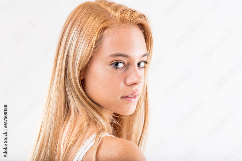 portrait of a beautiful girl from behind on a white background, she's got blue beautiful eyes portrait of a beautiful girl from behind on a white background, she's got blue beautiful eyes