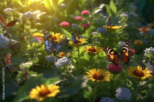 A detailed illustration of a group of insects  such as butterflies or bees  in a vibrant and lively garden environment  Generative AI