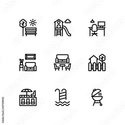 Real estate icon set. Included the icons as living room, backyard, rooftop, Playground Area and more. Outline icons collection. simple Vector illustration