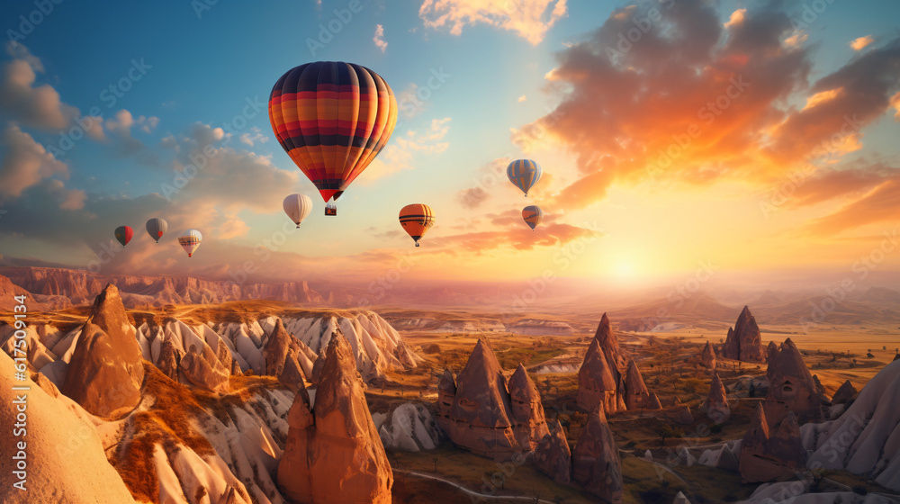 Hot air balloons flying in sunset Volcanic rock formations in Cappadocia, Anatolia, Turkey