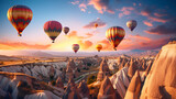 Hot air balloons flying in sunset Volcanic rock formations in Cappadocia, Anatolia, Turkey