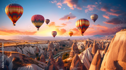 Hot air balloons flying in sunset Volcanic rock formations in Cappadocia, Anatolia, Turkey photo