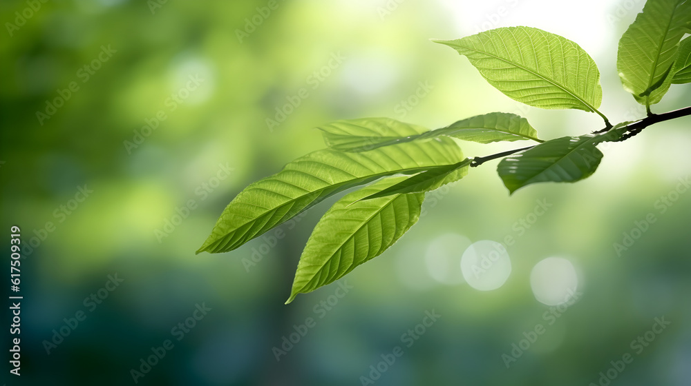 Green leaf for nature on blurred background with beautiful bokeh and copy space for text Generative AI Green leaf for nature on blurred background with beautiful bokeh and copy space for text Generative AI