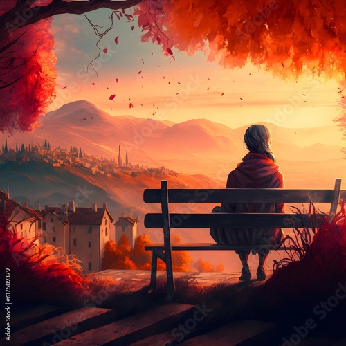 woman sitting on bench watching italian landscape with floating red leaves warm sunset futurism 4k 