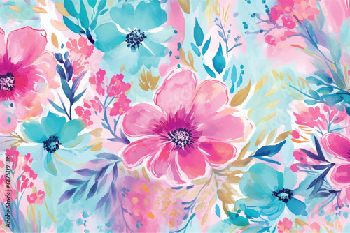 Seamless pattern of flowers with pink and blue tones. A watercolor floral design in pinks and blues. Pink flowers background. Vector illustration for print, painting, 8k, 4k, hd