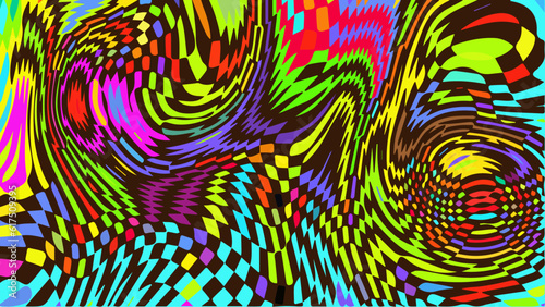 Distorted neon checkered pattern. Abstract euphoria. Hallucination in consciousness