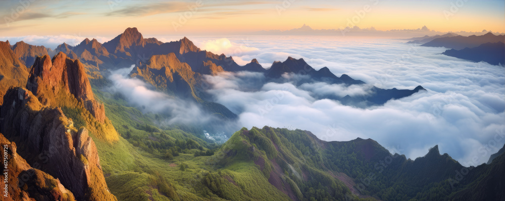 The landscape of the Madeira Mountains with peaks above the clouds. generative ai