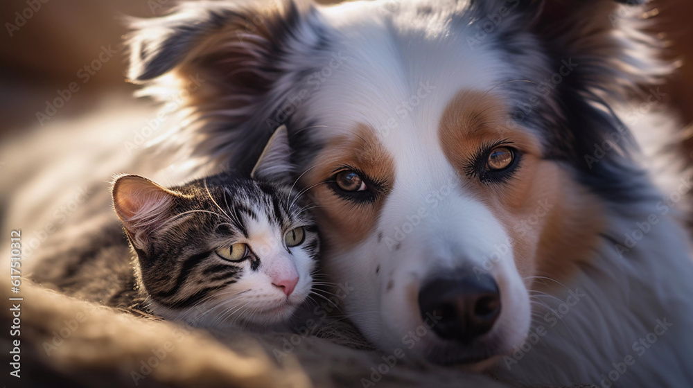 Close-up of a Australian Shepherd Dog and a Tabby Cat face-to-face Close-up of a Australian Shepherd Dog and a Tabby Cat face-to-face