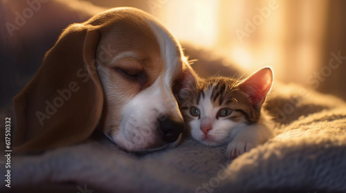 Close-up of a Beagle Dog and a Tabby Cat face-to-face