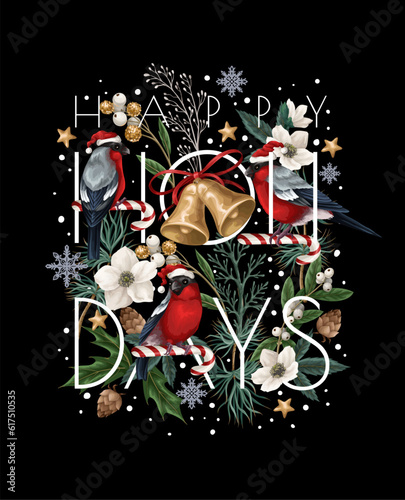 Greeting card with bullfinches, bells and white flowers. Vector.