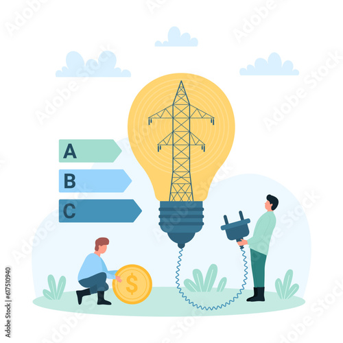 Save energy and electricity vector illustration. Cartoon tiny people holding light bulb plug and money, saving electricity of transmission tower with efficiency, pay for consumption utility bills