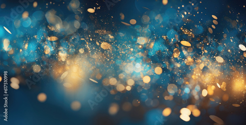 Background with abstract sparkles on blue background. Golden glitter particles on dark background. Abstract festive background. Created with Generative AI