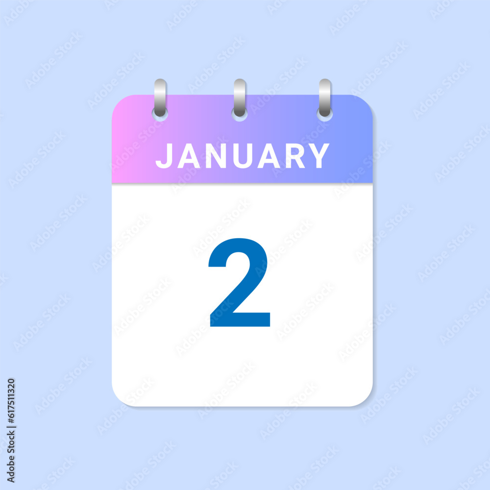 Day of 2nd January Daily calendar of january month on white paper note Day of 2nd January Daily calendar of january month on white paper note