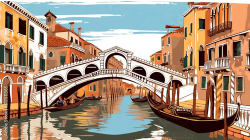 Vector illustration. View of the canals in Venice with buildings on the riverbanks. Gondolas are floating in the water. Travel destination, city trip. Italy © Dirk