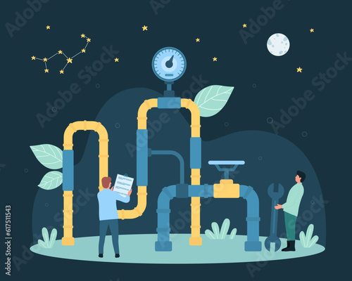 Cartoon tiny people check pipes and valves safety, workers control natural gas transportation flow with repair equipment. Gas oil pipeline inspection, maintenance service dark vector illustration