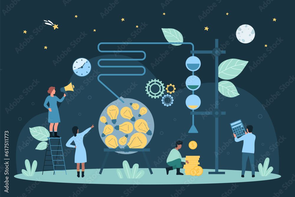Φωτογραφία Cartoon tiny people work with creative marketing generator for conversion light bulbs into money, control tubes and engine of machine to get gold coins results