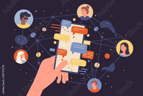 Cartoon diverse team of customers using social media chat service, person holding phone with sms flat illustration. People connect to global network for online communication with friends dark concept