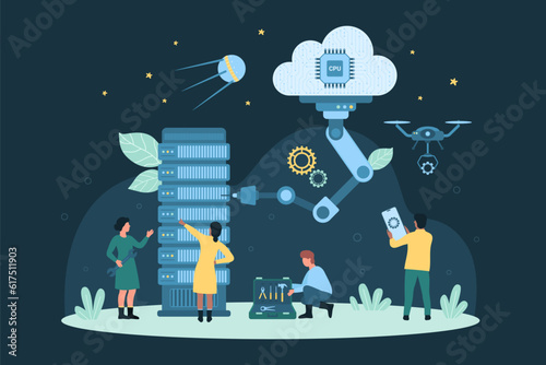 Cartoon tiny people control server hardware with robot arm, drone, repair smart system and infrastructure with automatic machines and AI brain. Cloud server automation process dark vector illustration