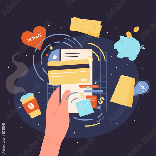 Cartoon hand of user holding phone with credit card on screen, using virtual wallet to buy, order purchases flat illustration. Finance, online payment and transfer money service dark concept