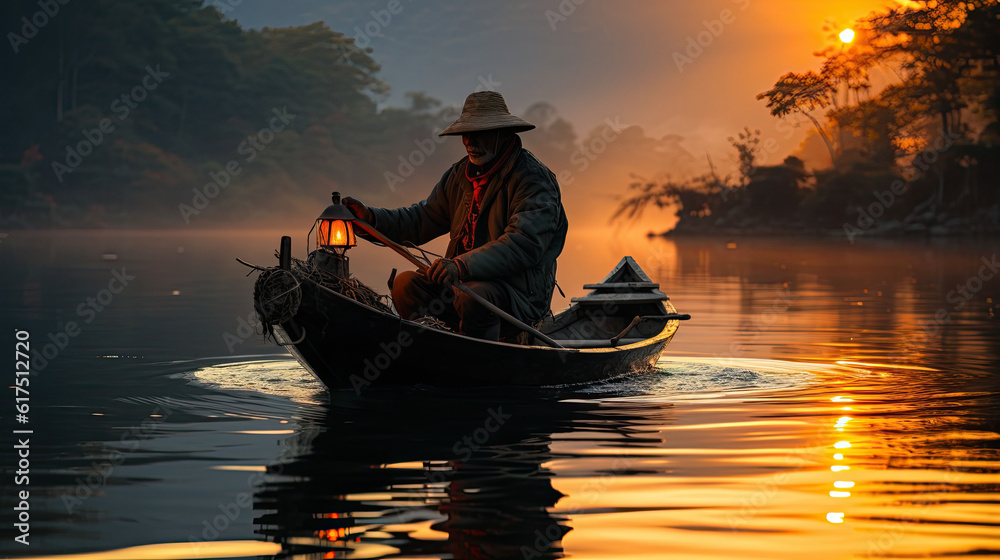 Fisherman of Lake in action when fishing, Thailand,