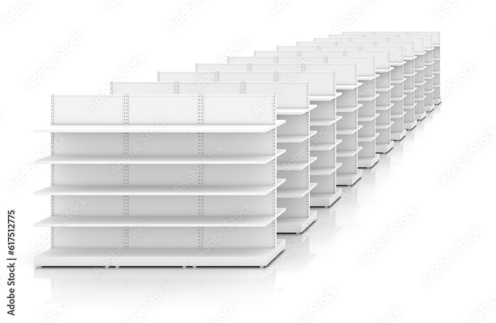 Row of supermarket shelves. 3d illustration, isolated on white