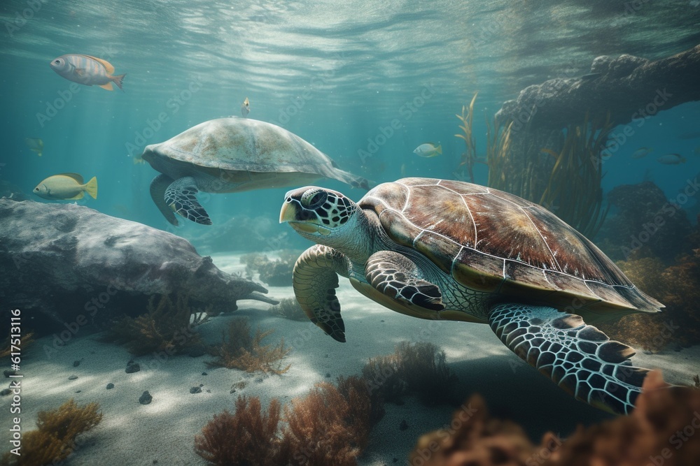 A detailed illustration of a group of aquatic animals, such as fish or turtles, in a stunning and captivating underwater environment, Generative AI