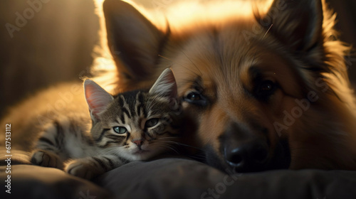 Close-up of a German Shepherd Dog and a Tabby Cat face-to-face
