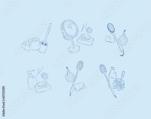 Hygiene compositions with bathroom accessories shampoo, soap, toilet paper, brush, mirror, ear sticks, cosmetic wipes, cotton sponge, pumice stone, bath brush, shower gel, washcloth drawing on blue ba