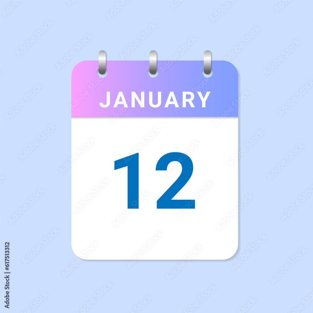 Day of 12th January Daily calendar of january month on white paper note. Day of 12th January Daily calendar of january month on white paper note.