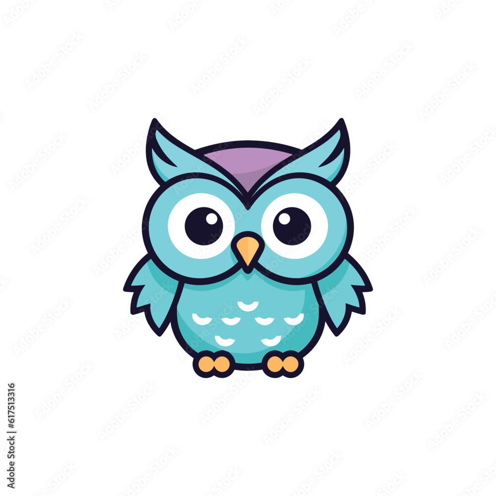 A blue owl with a purple hat on its head