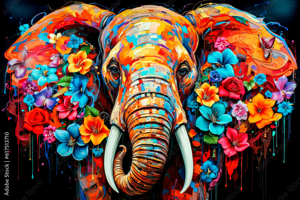 Colorful painting of an elephant head surrounded by colorful flowers.. generative AI