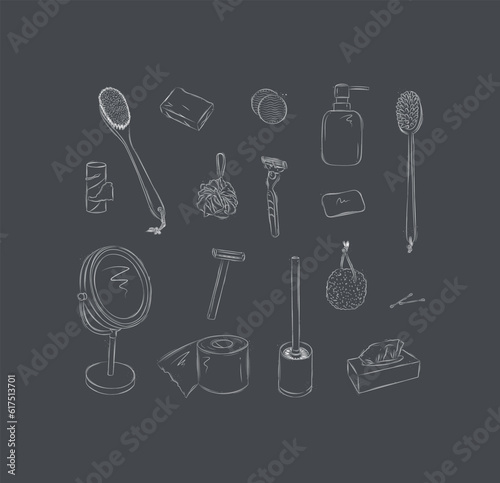 Bathroom accessories elements toilet paper, shower brush, soap, cotton sponge, washcloth, razor, mirror, toilet brush, pumice stone, ear sticks, cosmetic wipes drawing on black background