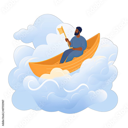  a man sitting in a boat with a flag waving in the wind