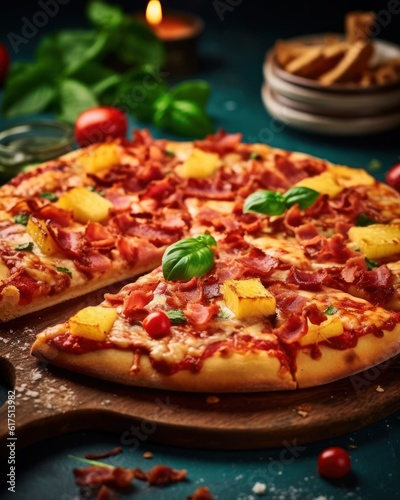 Traditional italian pizza. Delicious taste Hawaiian pizza. Generative AI