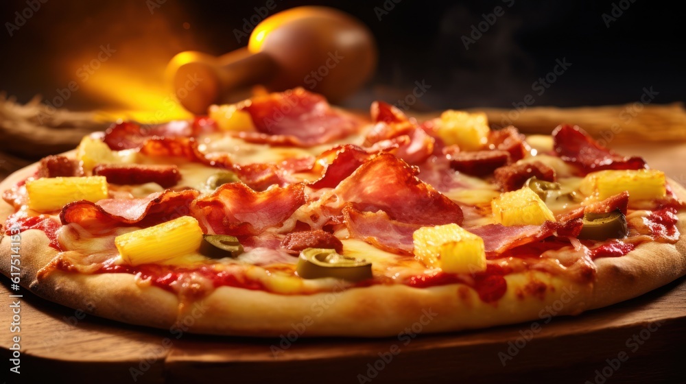 Traditional italian pizza. Delicious taste Hawaiian pizza. Generative AI Traditional italian pizza. Delicious taste Hawaiian pizza. Generative AI