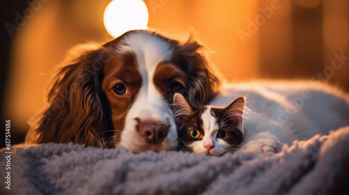 Close-up of a Springer Spaniel Dog and a Tabby Cat face-to-face © Platysmo