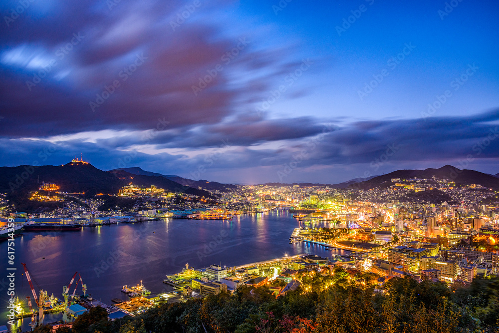 Nagasaki, Japan city skyline at the bay.
