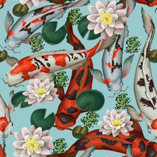 Seamless pattern with koi fishes and lotus. Vector.