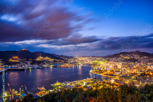 Nagasaki, Japan city skyline at the bay.