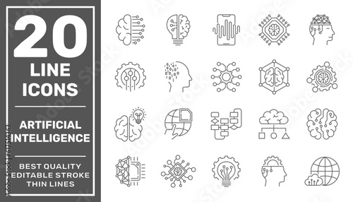 Artificial Intelligence icon set in line style, machine learning, smart robotic and cloud computing network. Digital AI technology internet, solving, algorithm. Editable Stroke