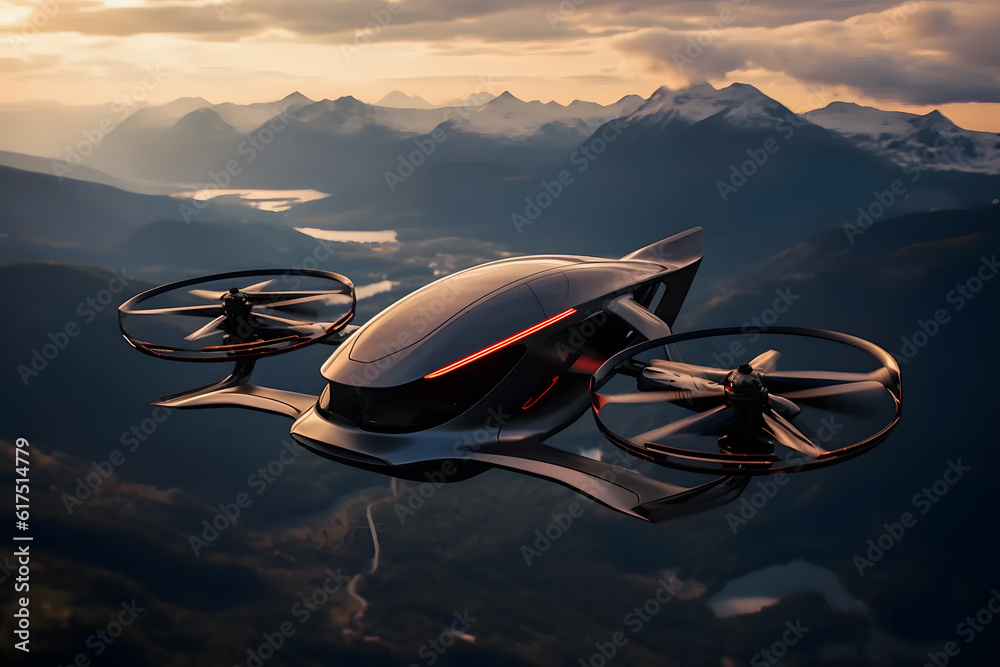 Futuristic passenger drone flying Futuristic passenger drone flying