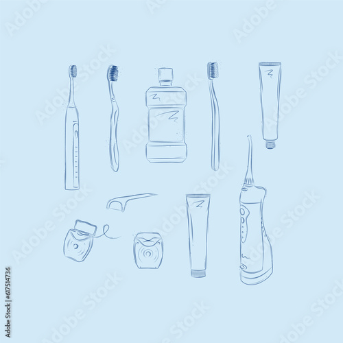Dental care accessories electric toothbrush, regular toothbrush, mouthwash, toothpaste, tooth gel, dental floss, irrigator drawing on blue background